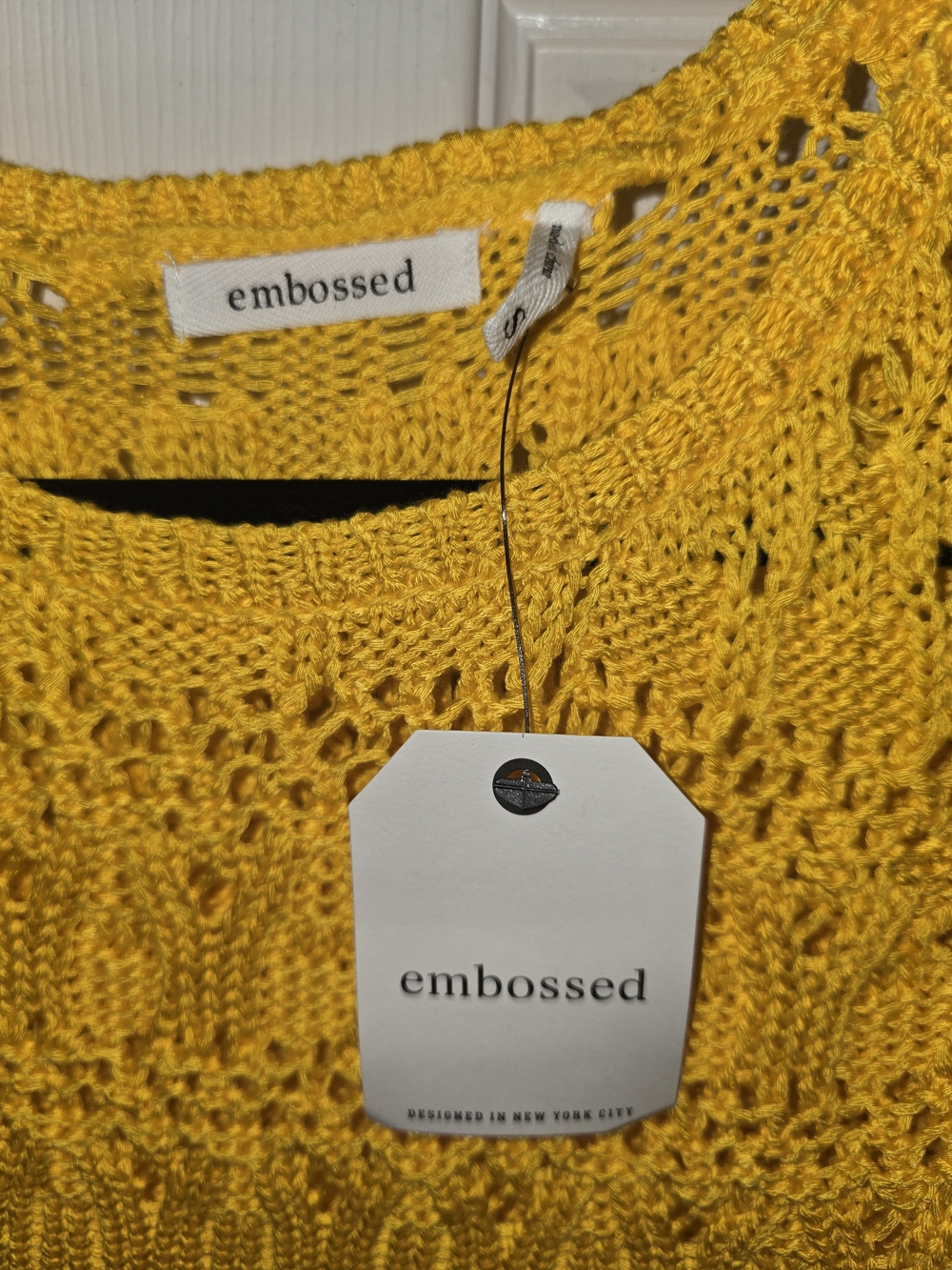 Embossed Women's Mustard Yellow Open-Knit Scoop Neck Sweater